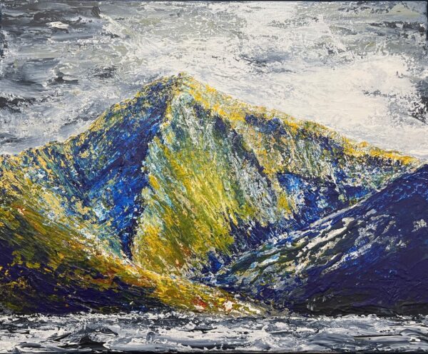 lake district art original mixed media painting on canvas by local cumbrian artist tim brown. acrylic plaster textured impasto painting depicting great gable fell in colour