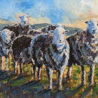 Lake District art original oil painting Herdwicks by Ben Goymour of a flock of Herdwick sheep on the fells with mountains in the distance.