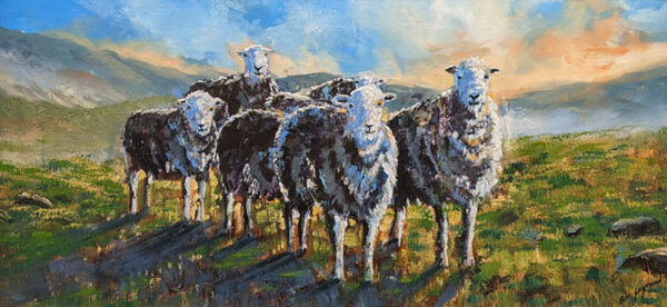 Lake District art original oil painting Herdwicks by Ben Goymour of a flock of Herdwick sheep on the fells with mountains in the distance.
