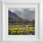 Lake District art original oil painting by Jeff Sudders. In the Langdale Valley. Overlooking grazing sheep with blue skies featuring harrison stickle and pike o stickle