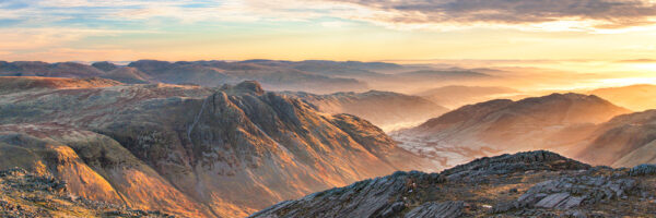 A beautiful photographic print by Jon Allison of Langdale captured in magic dawn light from the top of Crinkle Crags