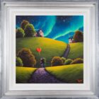 Lake District art original oil painting love that lights up the skies by David Renshaw. featuring ted and doris on path to cosy houses with northern lights filled sky
