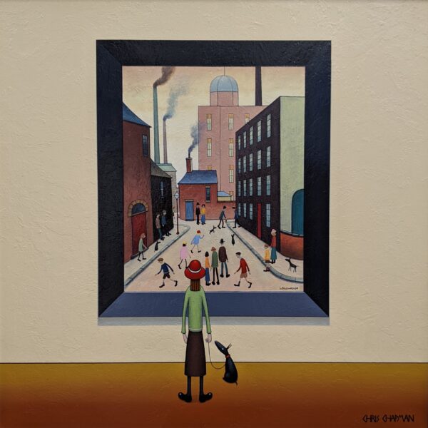 lake district art original oil painting by chris chapman Original Acrylic Painting by Chris Chapman. A busy street in the style of Lowry an old gentleman & his dog viewing a gallery