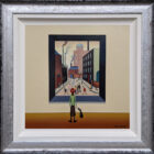 lake district art original oil painting by chris chapman Original Acrylic Painting by Chris Chapman. A busy street in the style of Lowry an old gentleman & his dog viewing a gallery