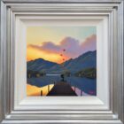 lake district art romantic original oil painting by david renshaw. featuring Ted and Doris with red hearts on jetty overlooking sunset lake and fells