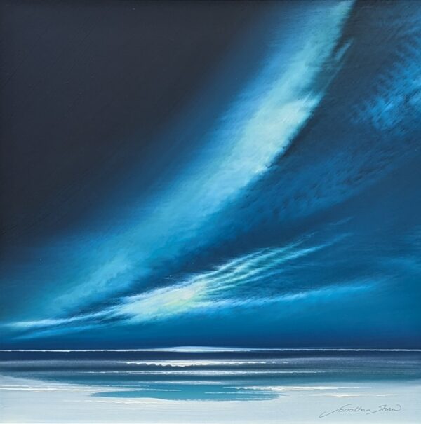 Lake District art original painting Northern Skies of sweeping skyscape in deep blue tones by Jonathan Shaw. Reminiscent of a winter shoreline and Arora borealis