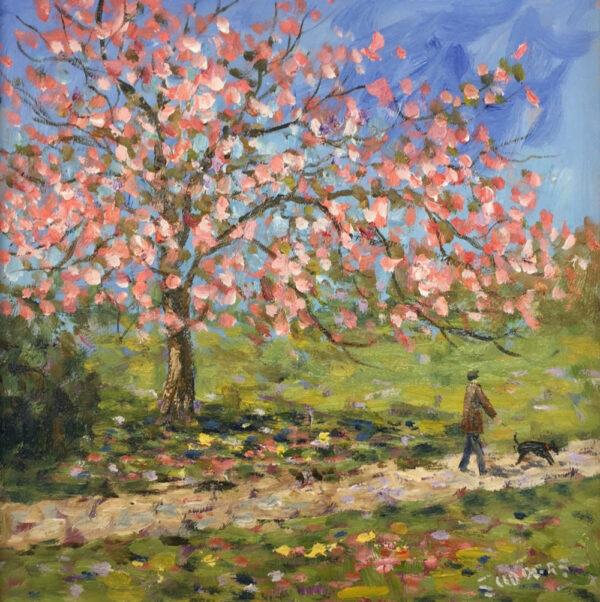 lake district art original oil painting by local artist Jeff Sudders. Out with the dog. Dog walker in park near lake shoreline under pink cherry blossom tree and spring day blue skies