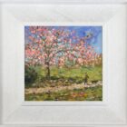 lake district art original oil painting by local artist Jeff Sudders. Out with the dog. Dog walker in park near lake shoreline under pink cherry blossom tree and spring day blue skies