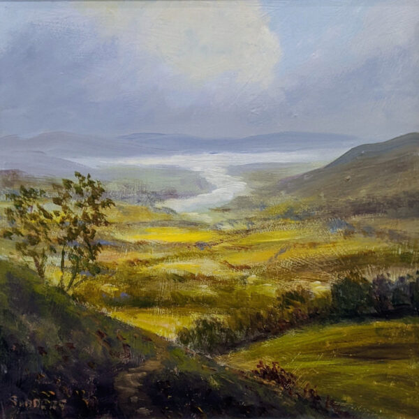 lake district art original oil painting by local artist Jeff Sudders. Over the Meadows. Lakeland view from todd crag overlooking lake windermere
