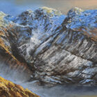 Lake District art original oil painting Scafell by Ben Goymour of a sunset behind this beautiful mountain at Wasdale.