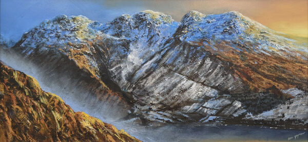 Lake District art original oil painting Scafell by Ben Goymour of a sunset behind this beautiful mountain at Wasdale.