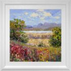 lake district art original oil painting by local artist Jeff Sudders. Spring Meadows by Windermere. Colourful floral foreground looks over lake windermere towards langdale pike fell range