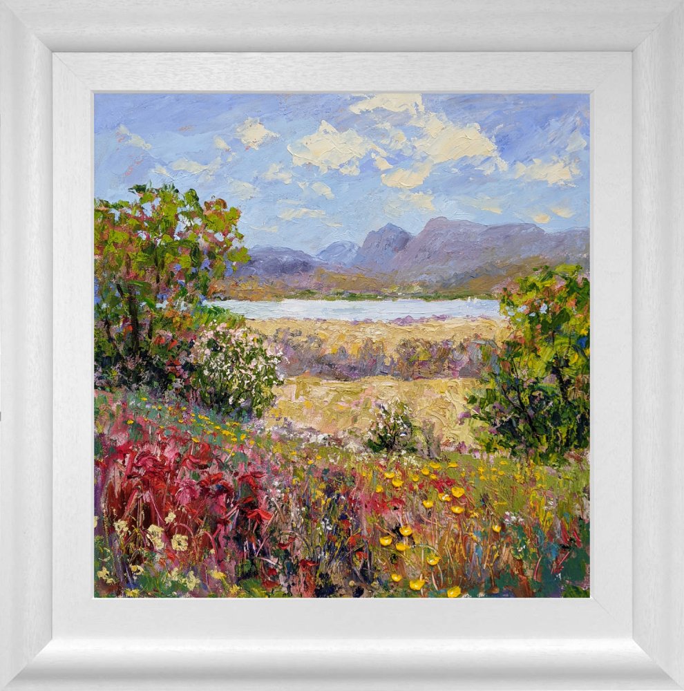 lake district art original oil painting by local artist Jeff Sudders. Spring Meadows by Windermere. Colourful floral foreground looks over lake windermere towards langdale pike fell range