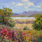 lake district art original oil painting by local artist Jeff Sudders. Spring Meadows by Windermere. Colourful floral foreground looks over lake windermere towards langdale pike fell range