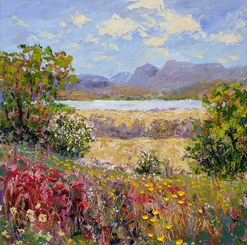 Spring Meadows by Windermerre lake district art original oil painting by local artist Jeff Sudders. Spring Meadows by Windermere. Colourful floral foreground looks over lake windermere towards langdale pike fell range