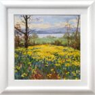 Lake District art original oil painting by local artist Jeff Sudders. Springtime by Windermere. Daffodil field overlooks lake and fells