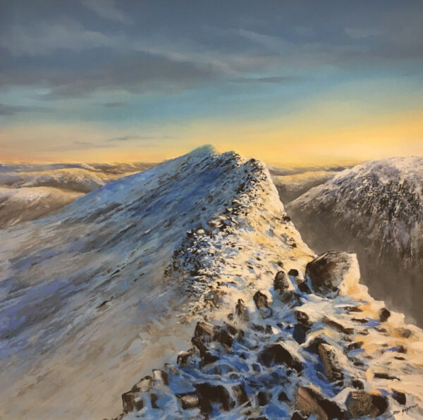 Lake District art original oil painting by Ben Goymour. The sun rises over a winter snow scene on striding edge near helvellyn from lad crag