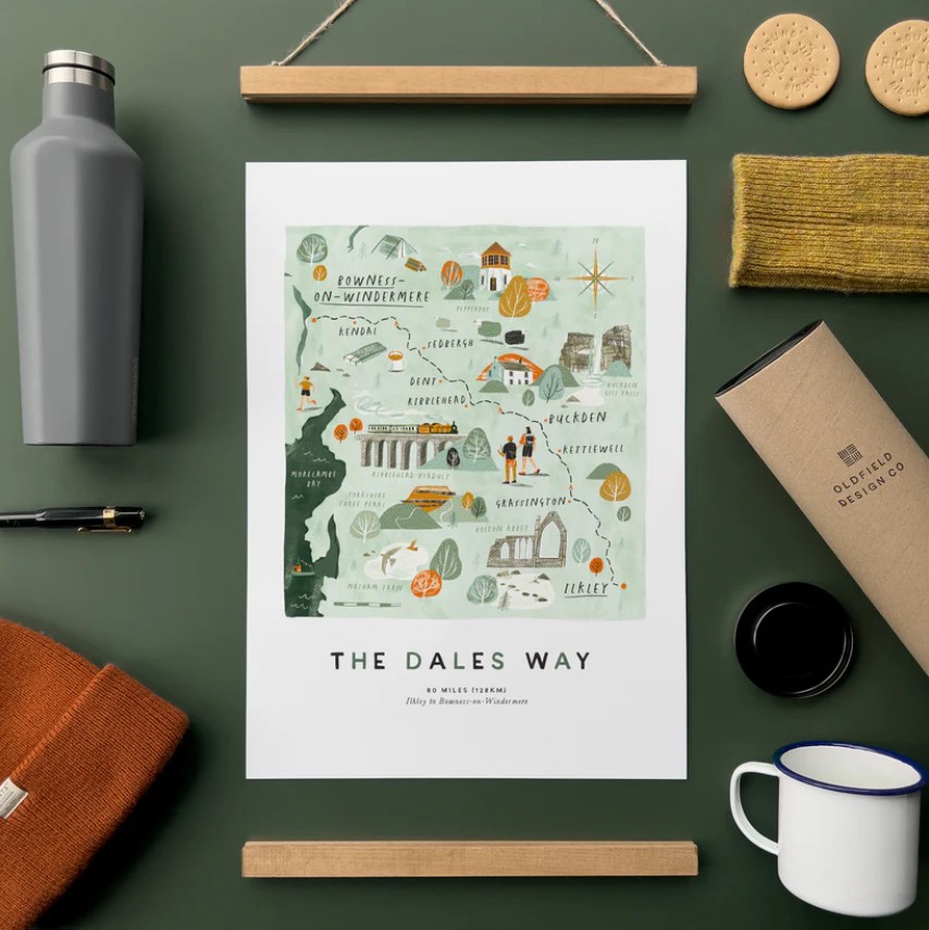 The Dales Way Map by Oldfield Design Co Map of the Dales Way walk ending up in Bowness on Windermere the Lake District