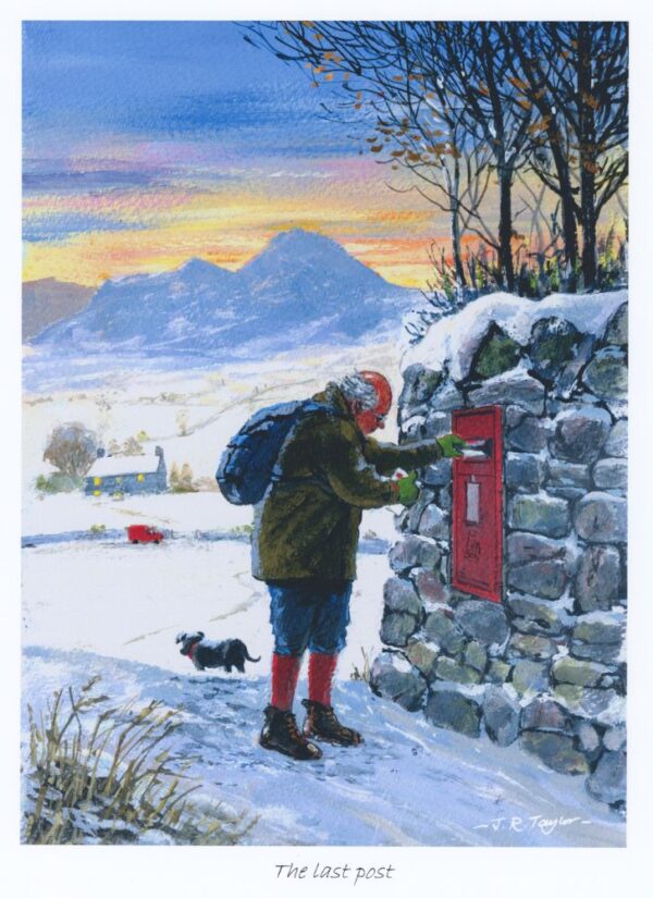 Lake District art by Jim Taylor. The Last Post an art print featuring an old man and his dog on their Lakeland travels. A sweet and often funny story. A snowy winter scene