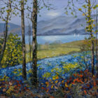 Lake District art original oil painting Windermere from Stock Ghyll Wood by Jeff Sudders. spring woodland overlooking lake windermere with bluebells and distant lakeland fells