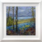 Lake District art original oil painting Windermere from Stock Ghyll Wood by Jeff Sudders. spring woodland overlooking lake windermere with bluebells and distant lakeland fells