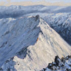Lake District art original oil painting by Jeff Sudders. Striding Edge a snowy winter scene of the iconic edge headed up to helvellyn