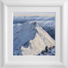 Lake District art original oil painting by Jeff Sudders. Striding Edge a snowy winter scene of the iconic edge headed up to helvellyn. Displayed in a white cushioned frame.
