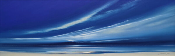 Lake District art original acrylic painting blue Skies by Jonathan Shaw of a dramatic coastal skyscape in rich sky blue light