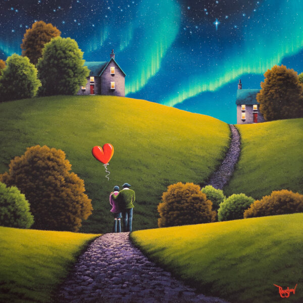 Lake District art original oil painting love that lights up the skies by David Renshaw. featuring ted and doris on path to cosy houses with northern lights filled sky