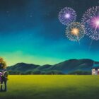 Oil painting by David Renshaw in the Northern Romance series with Ted and Doris enjoying fireworks