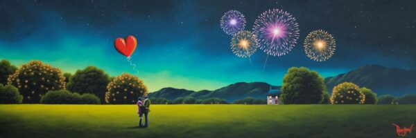 Oil painting by David Renshaw in the Northern Romance series with Ted and Doris enjoying fireworks