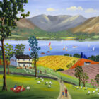 Lake District art print A Summer Afternoon by Windermere by local artist Jeff Sudders in a naive style sheep and picnics in brightly coloured fields and lake with mountains behind.