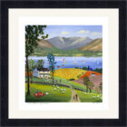 Lake District art print A Summer Afternoon by Windermere by local artist Jeff Sudders in a naive style sheep and picnics in brightly coloured fields and lake with mountains behind.