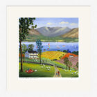Lake District art print A Summer Afternoon by Windermere by local artist Jeff Sudders in a naive style sheep and picnics in brightly coloured fields and lake with mountains behind.