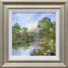 lake district art original oil painting textured oil landscape by terry Evans. A winding footpath follows the water beside it with flowers blossoming in between. Fells in the distance. Displayed in a pewter frame.