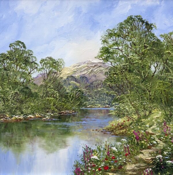 lake district art original oil painting textured oil landscape by terry Evans. A winding footpath follows the water beside it with flowers blossoming in between. Fells in the distance.