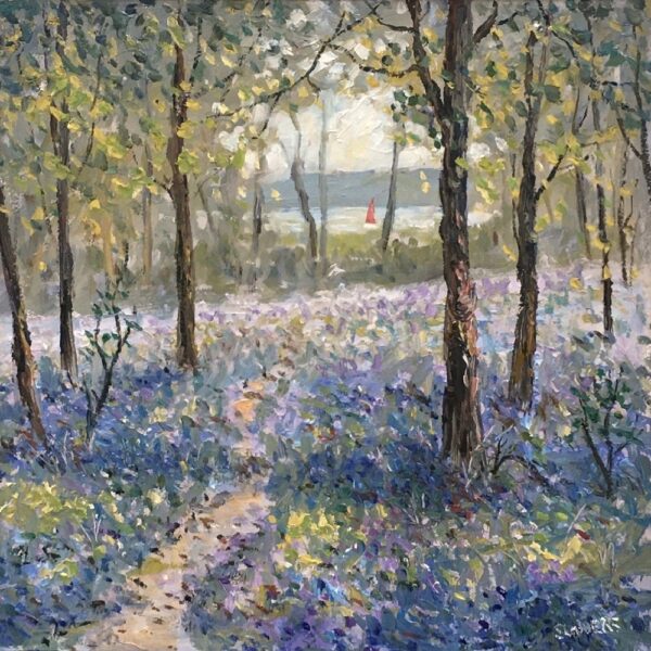Lake District art original oil painting Red Sail on Windermere by Jeff Sudders of a beautiful carpet of bluebells in woodland with a path leading to a glimpse of a sailing boat on the lake.