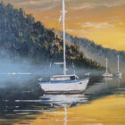 Oil painting of boats on Ullswater at sunset, looking towards Place Fell