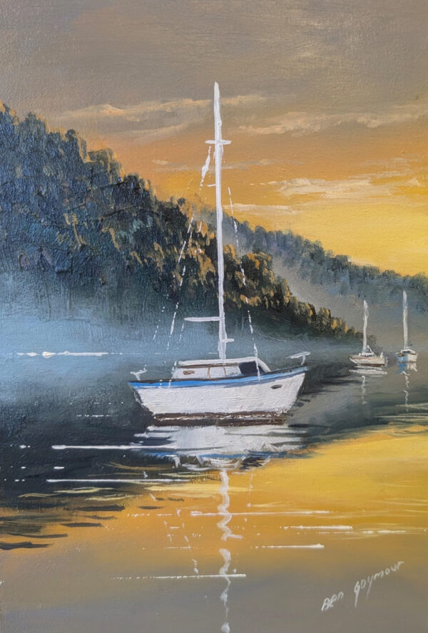 Oil painting of boats on Ullswater at sunset, looking towards Place Fell