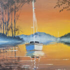 Lake District art original oil painting by Ben Goymour. sunset view of sail boat on lake windermere