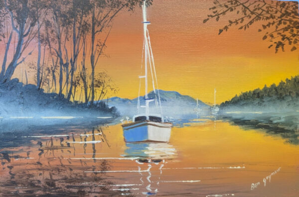 Lake District art original oil painting by Ben Goymour. sunset view of sail boat on lake windermere