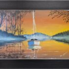 Lake District art original oil painting by Ben Goymour. sunset view of sail boat on lake windermere