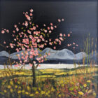lake district art original oil painting by local artist Jeff Sudders. A beautiful scene with bright blossom tree as the main feature of the composition set against dark skies and fells.