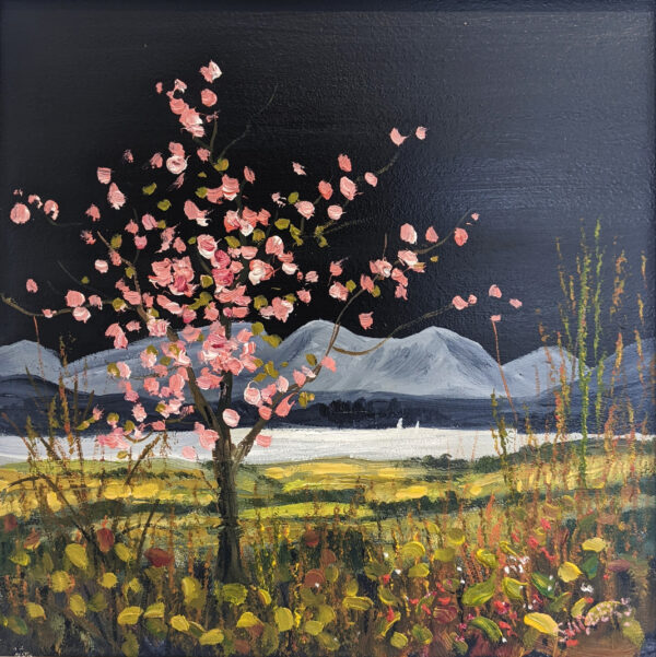 lake district art original oil painting by local artist Jeff Sudders. A beautiful scene with bright blossom tree as the main feature of the composition set against dark skies and fells.