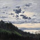 lake district art original oil painting by local artist Jeff Sudders. A moody sky with dark clouds and lake Windermere showing in the distance sailboats floating on the water. Woodland in the foreground.