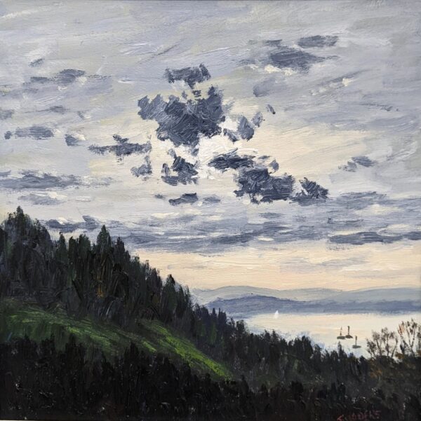 lake district art original oil painting by local artist Jeff Sudders. A moody sky with dark clouds and lake Windermere showing in the distance sailboats floating on the water. Woodland in the foreground.