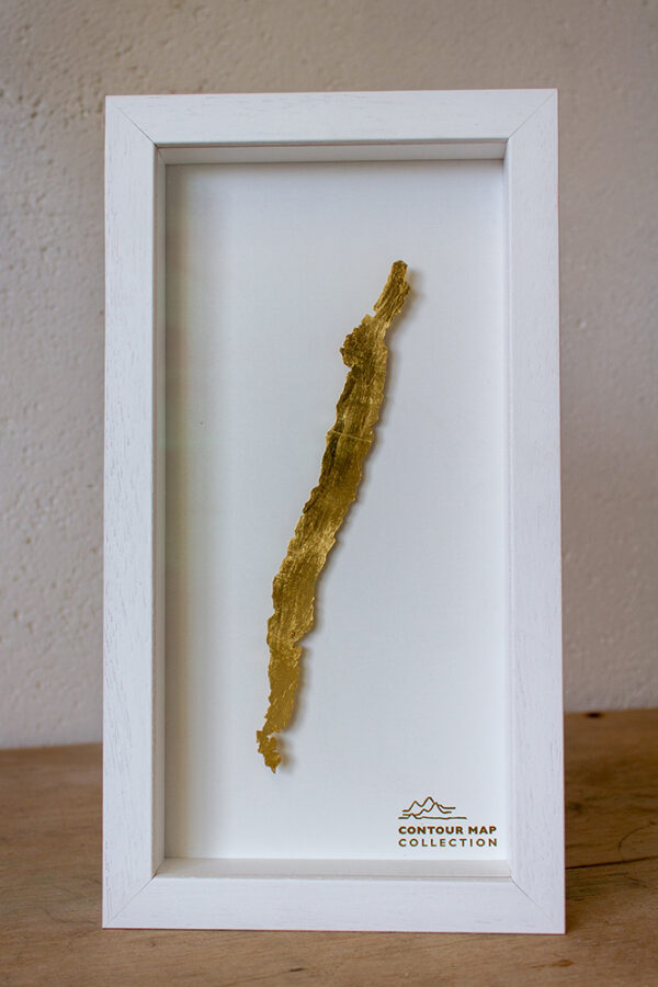 lake district art original 3-D craft design art contour map of coniston water aerial view cut from one piece of brass and hand polished in a beautiful deep white frame by holly clifford