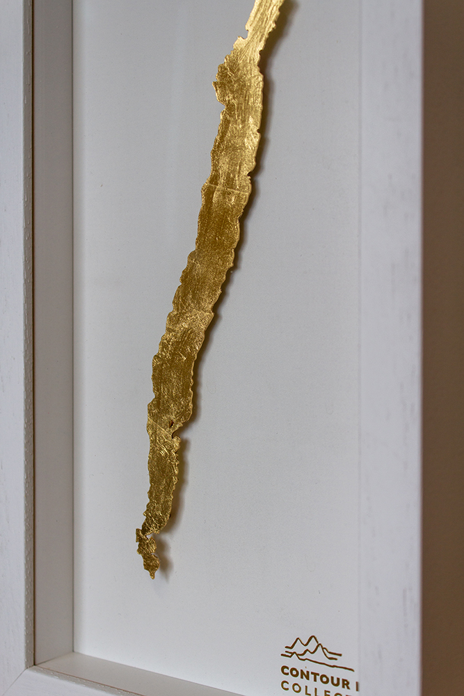 lake district art original 3-D craft design art contour map of coniston water aerial view cut from one piece of brass and hand polished in a beautiful deep white frame by holly clifford