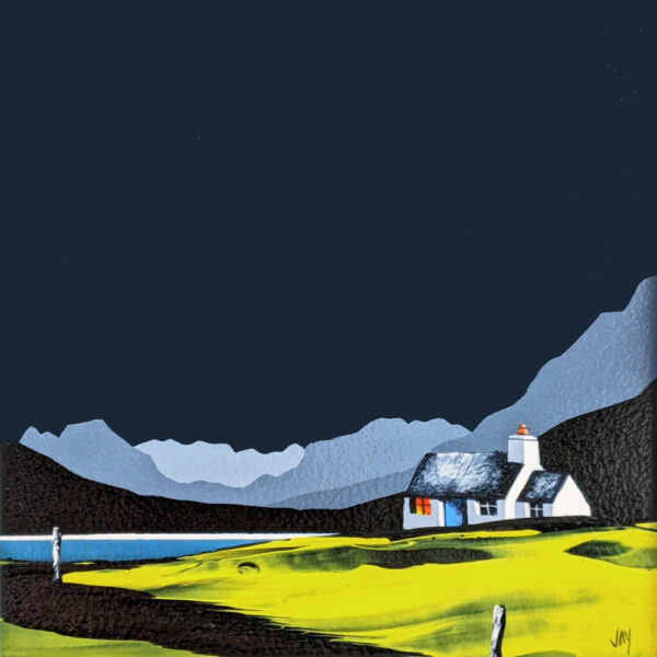 Lake District Art original acrylic painting Crummock Water by Jay Nottingham in his dramatic style of mountain sihouettes in blues with a cottage in the foreground.