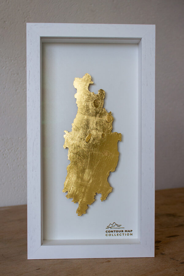 lake district art original 3-D craft design art contour map of derwentwater aerial view cut from one piece of brass and hand polished in a beautiful deep white frame by holly clifford